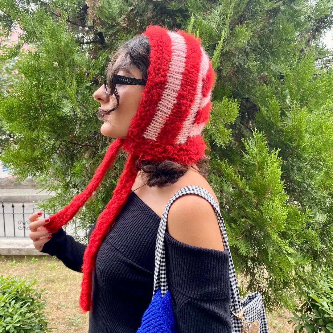 Mohair Striped Wool Knit Bonnet: Red Pink Winter Handmade Crochet Hood | Etsy (US)