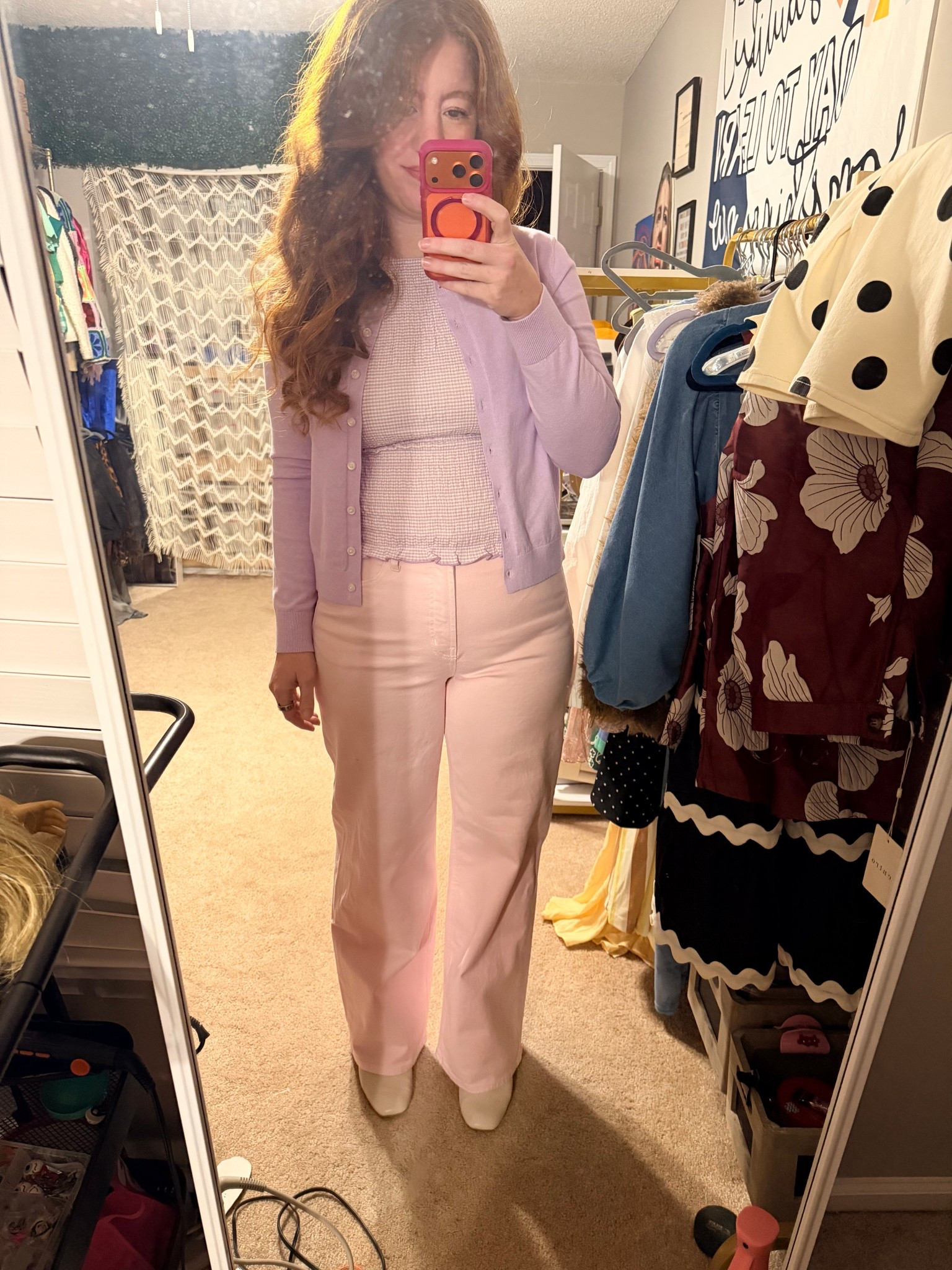 Here is a dirty mirror selfie of my ootd. I had to share with you this old navy outfit. I got so many compliments and it just screams spring!! The pink wide legs jeans, the lilac tank, and lilac cardigan are perfect color combos for spring. I paired it with their lilac purse! I had to size up in the jeans, my regular size 8 was too tight in the bum!

Short girls, I had to wear heels with these!! If you want to wear flats, snag the petite style!

#LTKmomlife #LTKMidsize #LTKootd