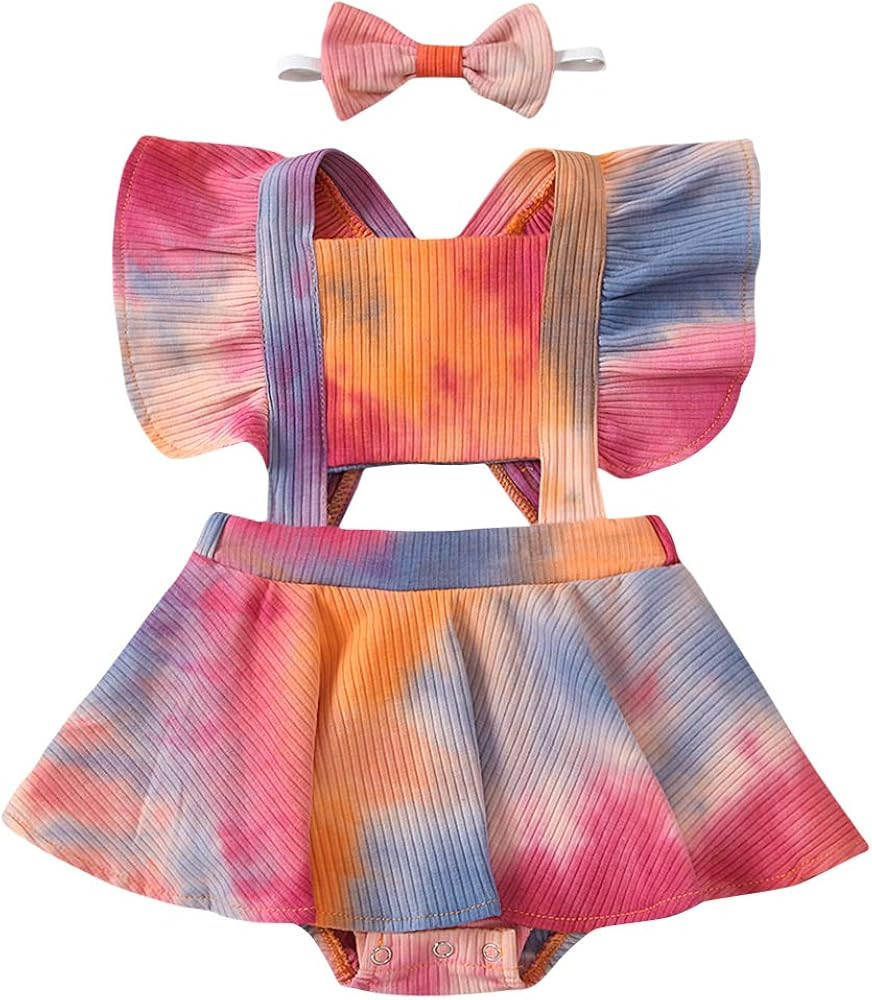 Newborn Baby Toddler Girls Tie Dye Ribbed Sleeveless Romper Ruffle Backless Bodysuit Jumpsuit+Hea... | Amazon (US)