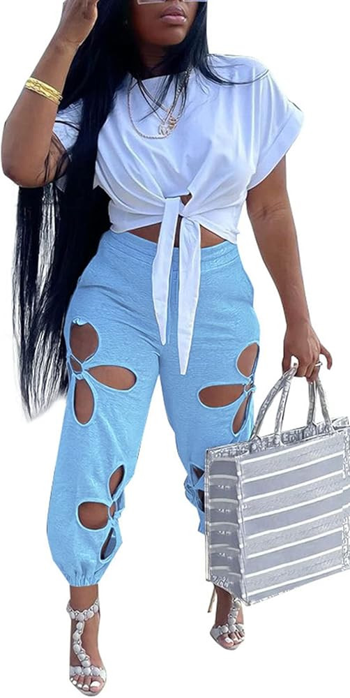 KEYUFANG Women 2 Piece Outfits Set Casual Crop Top Shirt Hollowed Out Sweatpants Women Fashion Tr... | Amazon (US)