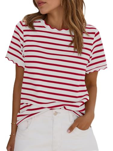 Tankaneo Womens Short Sleeve Striped Tshirts Summer Color Block Scalloped Tops Trendy Casual Basi... | Amazon (US)