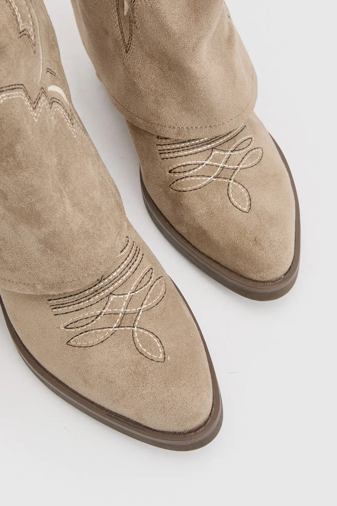 Taupe Faux Suede Fold Over Contrast Embroidery Western Boots | Boohoo | Boohoo.com (UK & IE)