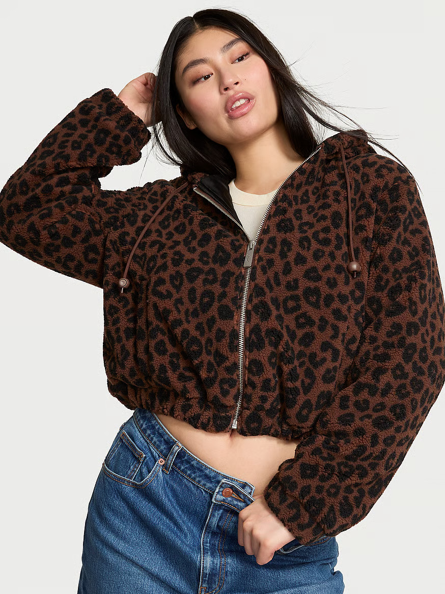 Buy Plush Teddy Hooded Bomber Jacket, Ganache Leopard - Order Jackets & Outerwear online - Victor... | Victoria's Secret (US / CA )