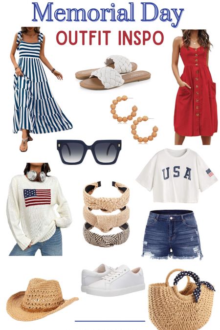 Memorial Day outfit inspo!
.
.
.
Fourth of July outfit inspo, red, white and blue outfits, striped dress, USA tee, flag sweater, straw bag, braided sandals 

#LTKfindsunder50 #LTKSeasonal #LTKstyletip