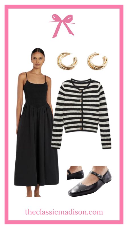 Black fit flare midi dress, casual Mary Jane flats, striped textured cardigan, textured hoop earrings 