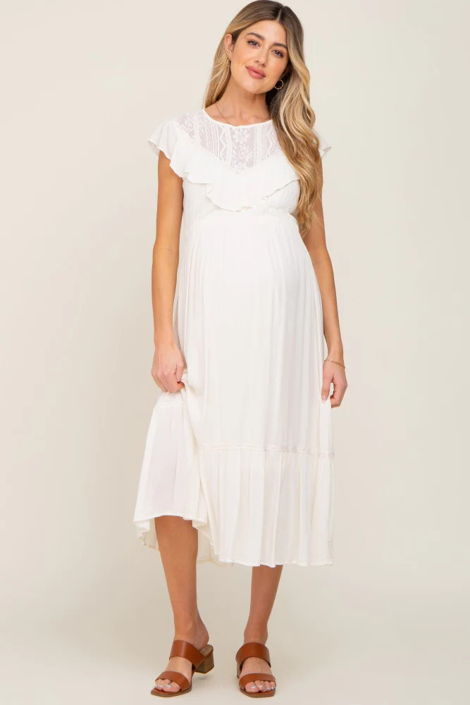 Ivory Lace Inset Ruffle Maternity Midi Dress | PinkBlush Maternity