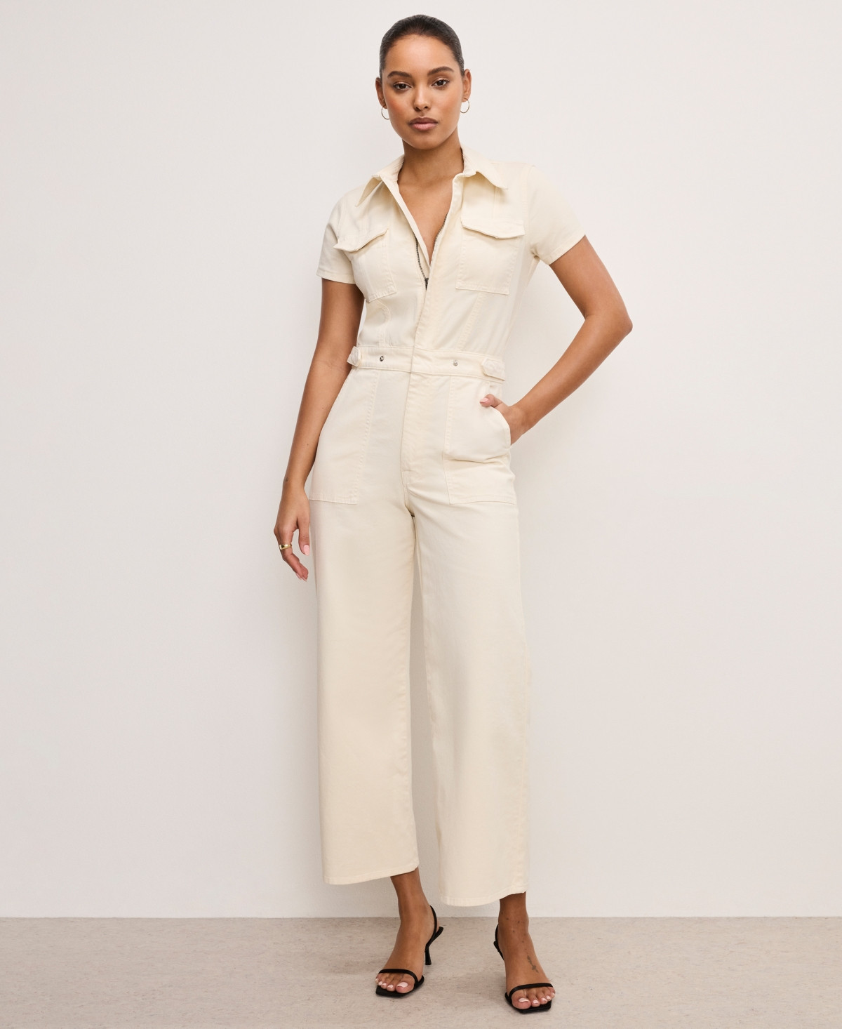 Good American Women's Fit For Success Twill Palazzo Cropped Jumpsuit - Ecru | Macy's