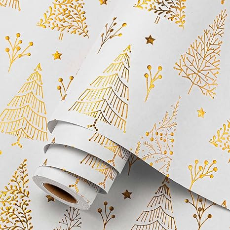 Homeral Christmas Wrapping Paper Roll - 46.8 sq.ft. 3D Embossed Gold Foil Christmas Tree, Star on... | Amazon (US)
