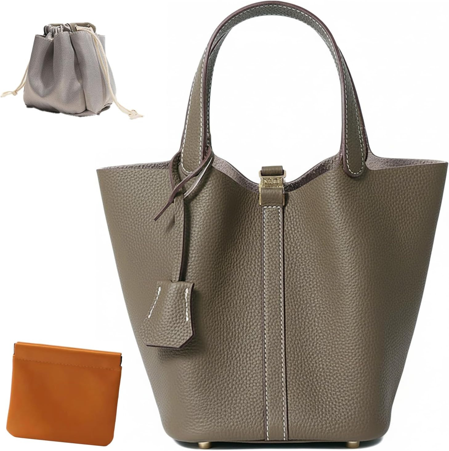 Genuine Leather Bucket Bag, Top-Handle Satchel Handbag with Lock | Amazon (US)