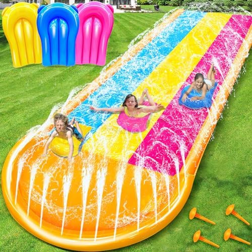 [ 3 Sided Safe Fence ] Extra Width Triple Slip Water Slide with 3-Way Sprinklers, Backyard Lawn W... | Amazon (US)