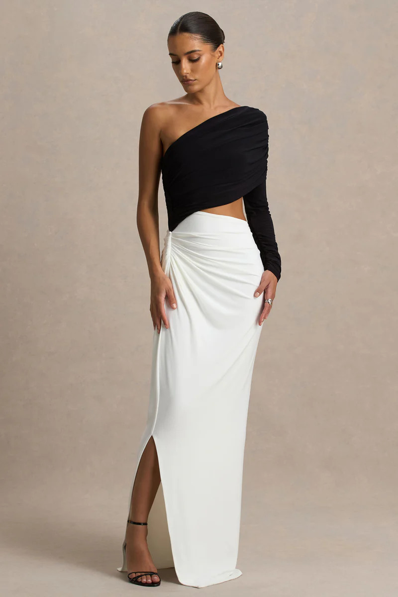 Malika  Black And White Asymmetric-Neck Maxi Dress With Body-Cut Out And Ruched Detailing | Club L London