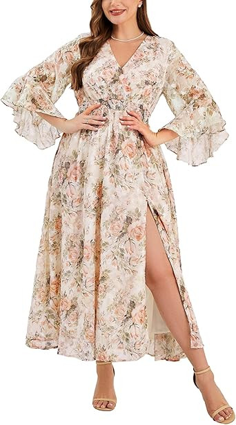 Wedding Guest Dress Plus Size Ruffle Bell Sleeve V Neck A Line Flowy Empire Waist Maxi Dresses wi... | Amazon (US)
