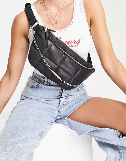 Topshop quilted leather fanny pack with chain in black | ASOS (Global)