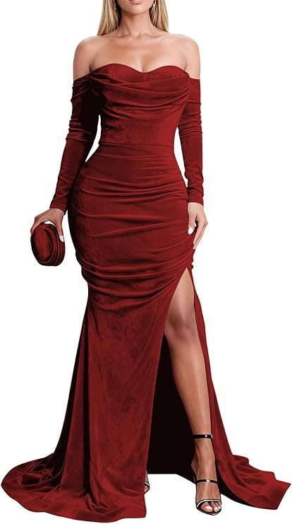Jicht Velvet Dresses for Women Off The Shoulder Mermaid Long Sleeve Winter Maxi Formal Dress with... | Amazon (US)