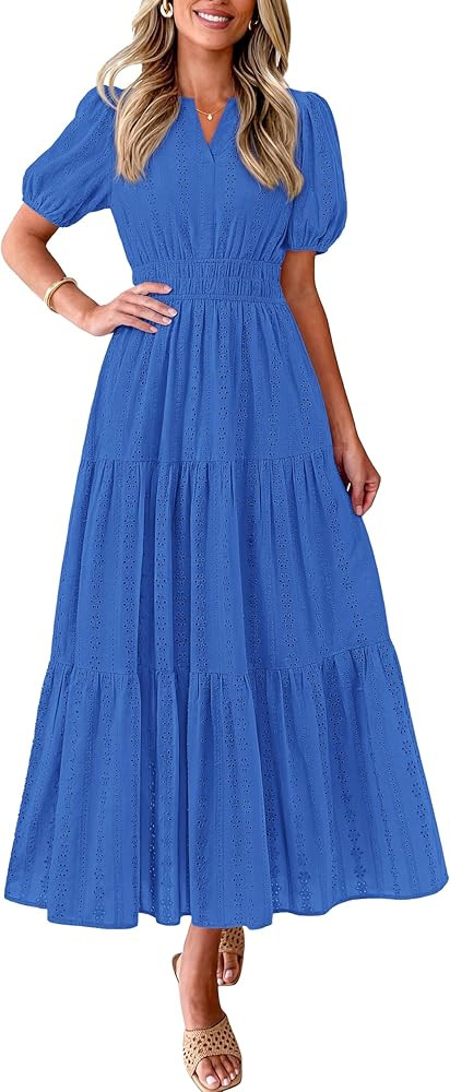 PRETTYGARDEN Womens Summer Maxi Dresses 2026 Casual Puff Sleeve V Neck Smocked Flowy Eyelet Cotto... | Amazon (US)