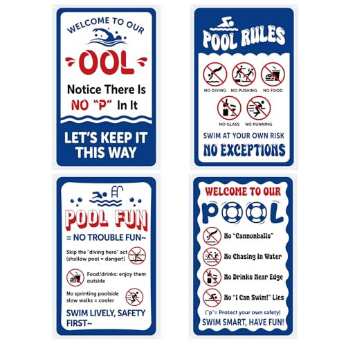Hicarer 4 Pcs Pool Rule Signs Decor for Outdoor, 12x8 Inch Funny Swimming Signs for Outside, 4 Styles Aluminum Welcome to Our Ool & Safety Pool Accessories, Weatherproof, UV Protected, 0.02 Inch Thick | Amazon (US)