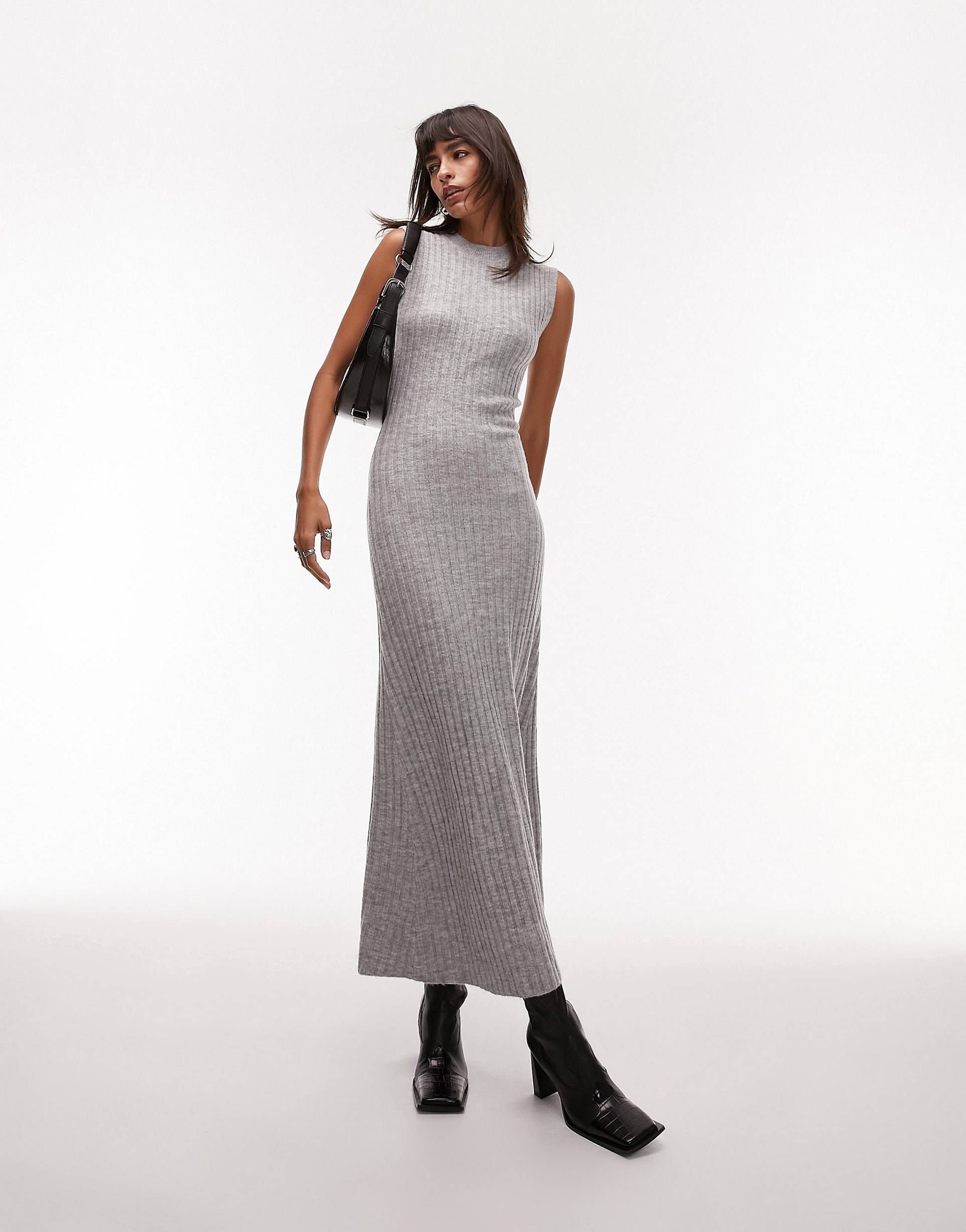Topshop knitted sleeveless midi dress in grey | ASOS (Global)