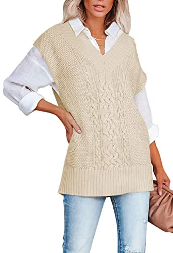 Viottiset Women's Cable Knit V Neck Tunic Sweater Vest Sleeveless Pullover Top Apricot Small | Amazon (US)