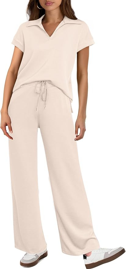 Glamaker Womens 2 Piece Summer Outfit Lounge Set Cap Sleeve Polo Top And Pant Set Tracksuit Trave... | Amazon (US)