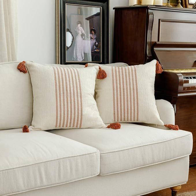 Amazon.com: IKATYARN 24 x 24 Inches Pack of 2 Boho Rust Red and Off White Embroidery Striped Thro... | Amazon (US)