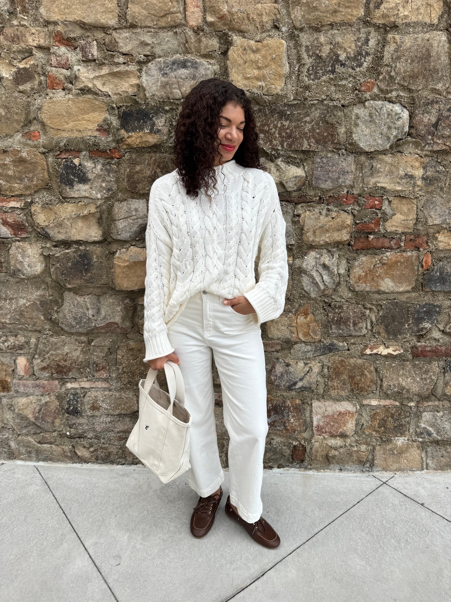 Rollneck cable sweater, white jeans, boat shoes, boat tote 

#LTKootd