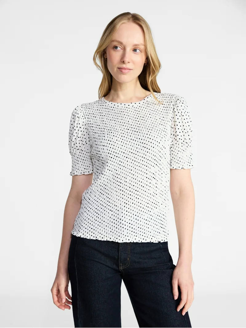 Time and Tru Women's Smocked Top with Short Puff Sleeves, Sizes XS-XXXL | Walmart (US)