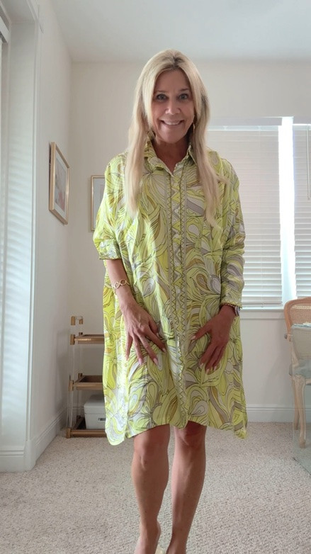 Print shirt dress coverup to loungewear worn with gold slides. This comes in petite and regular size. I’m 5’4” and here wearing the regular size XXS to give a little longer length to lounge in. This runs large.

#LTKootd #LTKPetite #LTKSwim