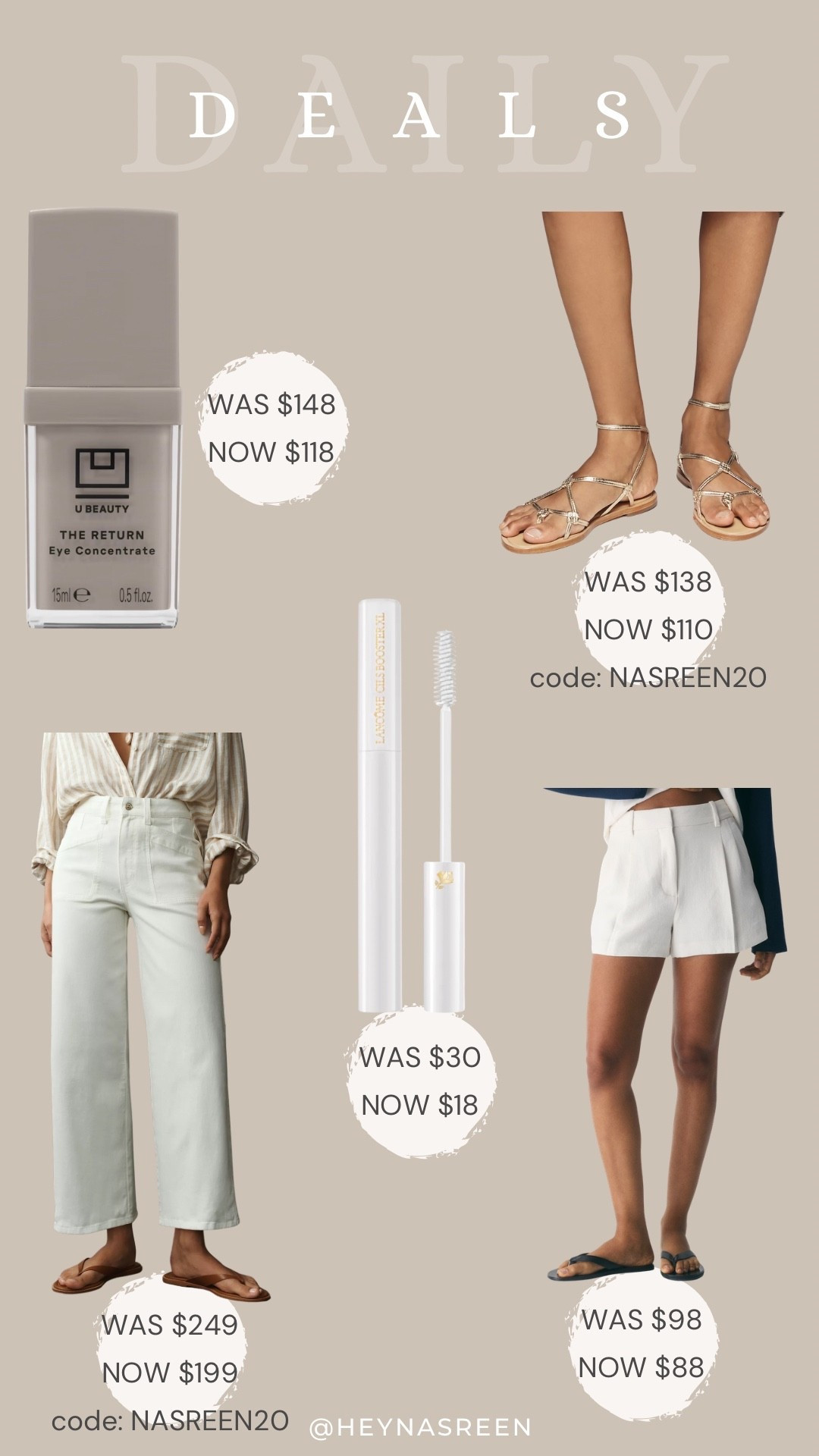 Daily deals on U Beauty eye cream, Anthropologie sandals, Aritzia shorts, Lancôme mascara primer, Anthropologie pants