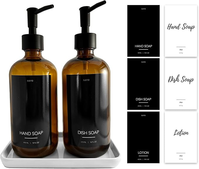 Eleito Amber Glass Kitchen Soap Dispenser Set with Tray, Two 16 oz Bottles, Six Waterproof Labels... | Amazon (US)