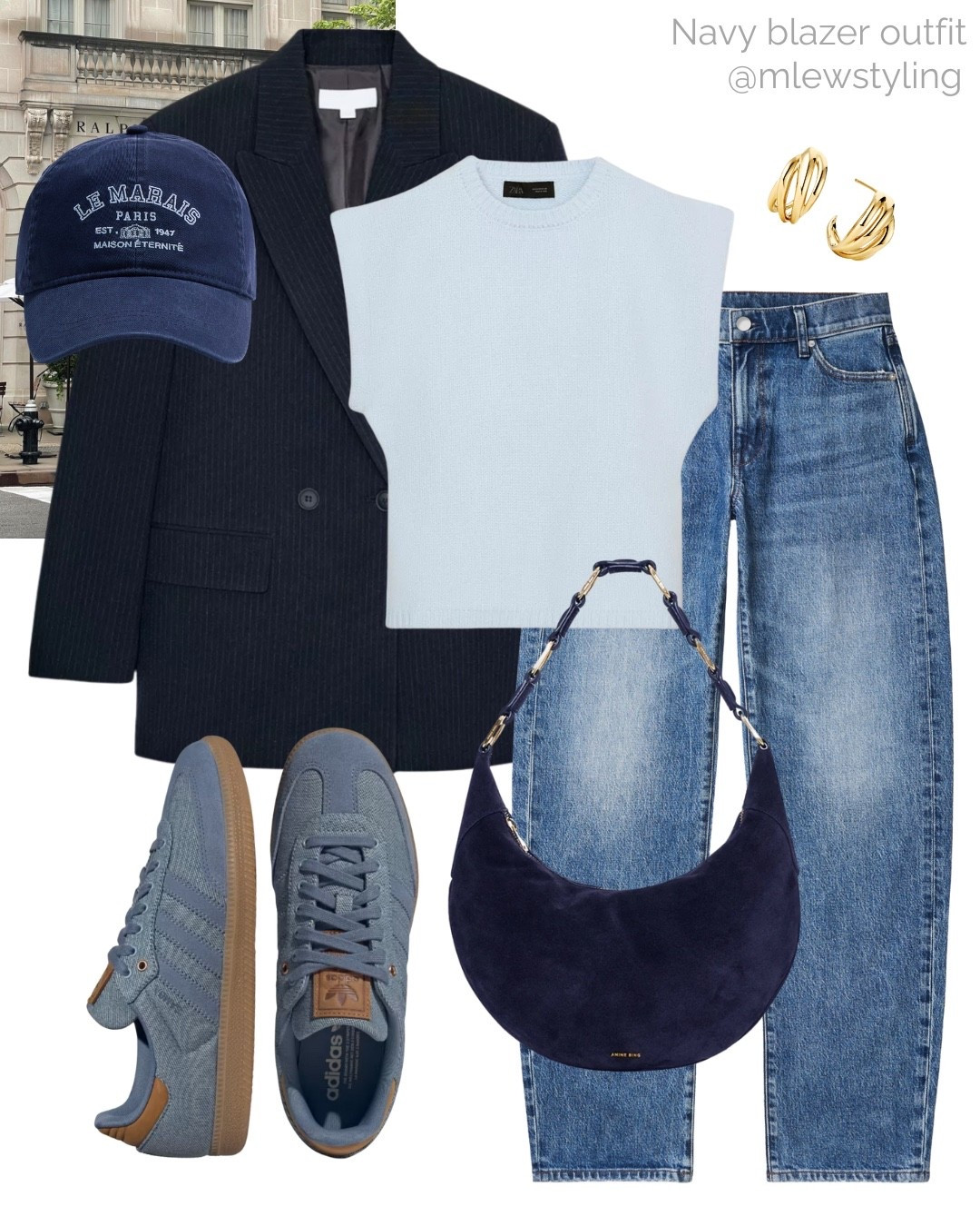 Navy blue blazer outfit 💙

Tags: blue baseball cap, baby blue knit sweater vest, balloon jeans, AYR barrel leg denim, adidas samba sneakers, navy suede anine bing shoulder bag, capsule wardrobe, neutral aesthetic, new-in Zara 

#LTKootd #LTKWorkwear #LTKSeasonal