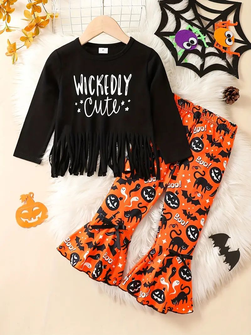 Girl's 2pcs Tassel Top & Elastic Waist Flared Pants Pumpkin WICKEDLY CUTE Print Crew Neck Long Sl... | Temu Affiliate Program