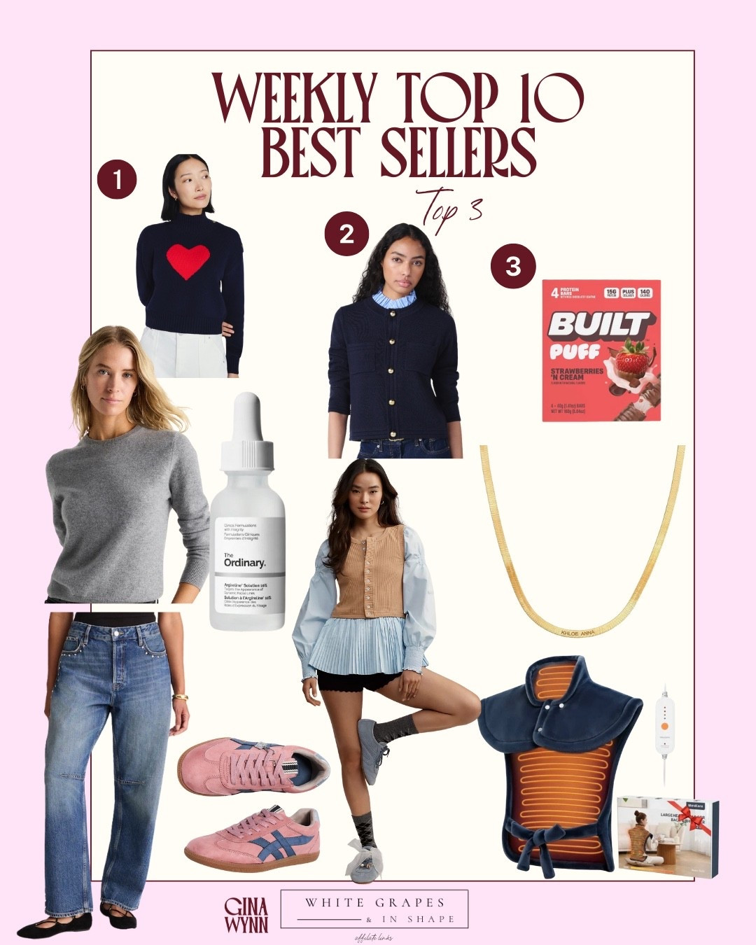 Weekly Top Best Sellers 

Everyday tops/ denim/ strawberry protein bars/ herringbone gold necklace/!pink sneakers

#LTKValentine #LTKootd #LTKOver40