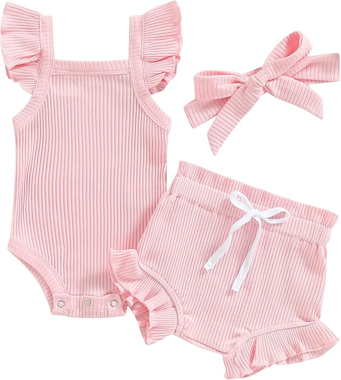 Infant Baby Girl Summer Clothes Solid Ribbed Ruffle Sleeveless Romper Drawstring Bloomer Shorts H... | Amazon (US)
