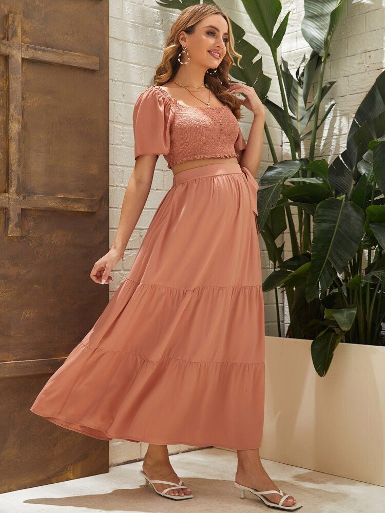 SHEIN Maternity Shirred Puff Sleeve Top & Flounce Hem Skirt Set | SHEIN