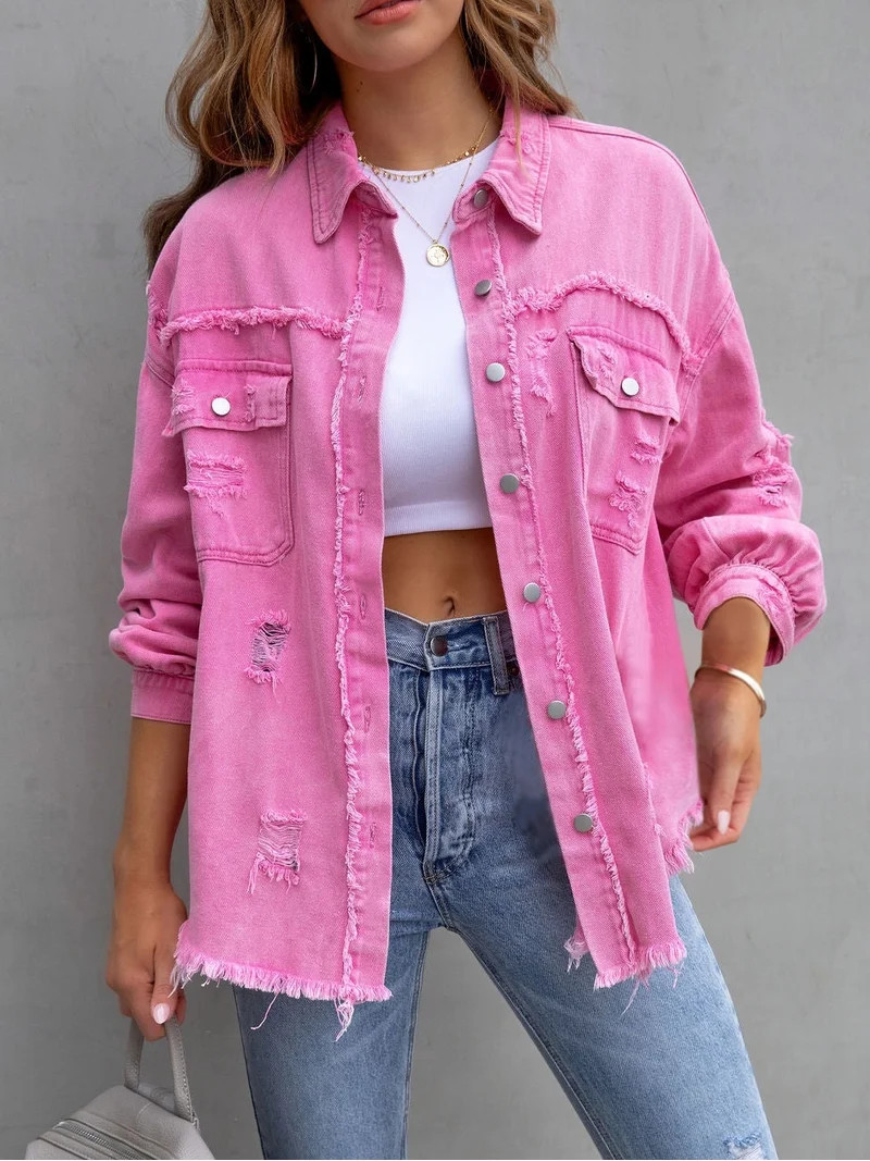 SEARIPE Women's Casual Denim Jacket Frayed Hem Ripped Long Sleeve Jean Jacket With Pockets Pink M | Walmart (US)