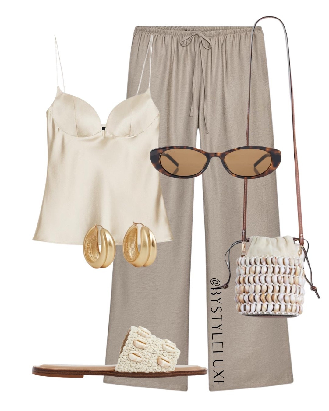 SATIN - adore this satin cami shape, styled here with some drawstring trousers and shell embellished accessories for that holiday look 

#holidayoutfit #summeroutfit #satin

#LTKshoes #LTKsummer #LTKbag