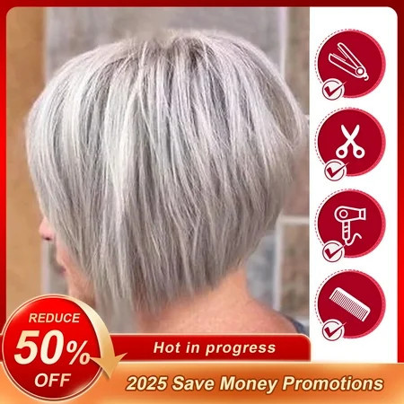 Sucs Short Grey Bob Wigs Sliver Gray Synthetic Straight Hair Repalcement Wig with Bangs | Walmart (US)