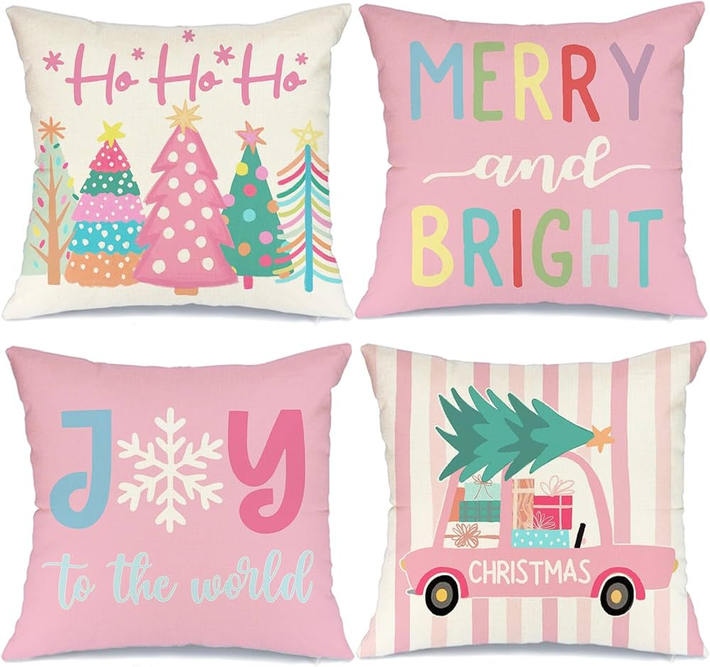 CROWNED BEAUTY Pink Christmas Throw Pillow Covers 18 x 18 Inch Set of 4, Striped Truck Xmas Trees... | Amazon (US)