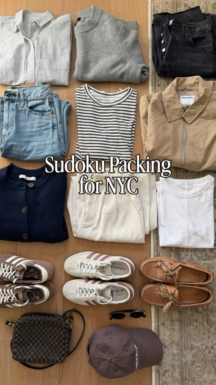 I came across the Sudoku packing method recently and had to try it for our trip to New York! This is a strategic way of packing to allow you optimal space in your suitcase. With only 3 tops, 3 layers, and 3 bottoms you can achieve 9 different looks. Love this method! 

#LTKTravel #LTKootd #LTKgrwm