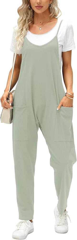 Fisoew Women's Summer Sleeveless Loose Casual V Neck Jumpsuits Spaghetti Strap Long Pants Baggy O... | Amazon (US)