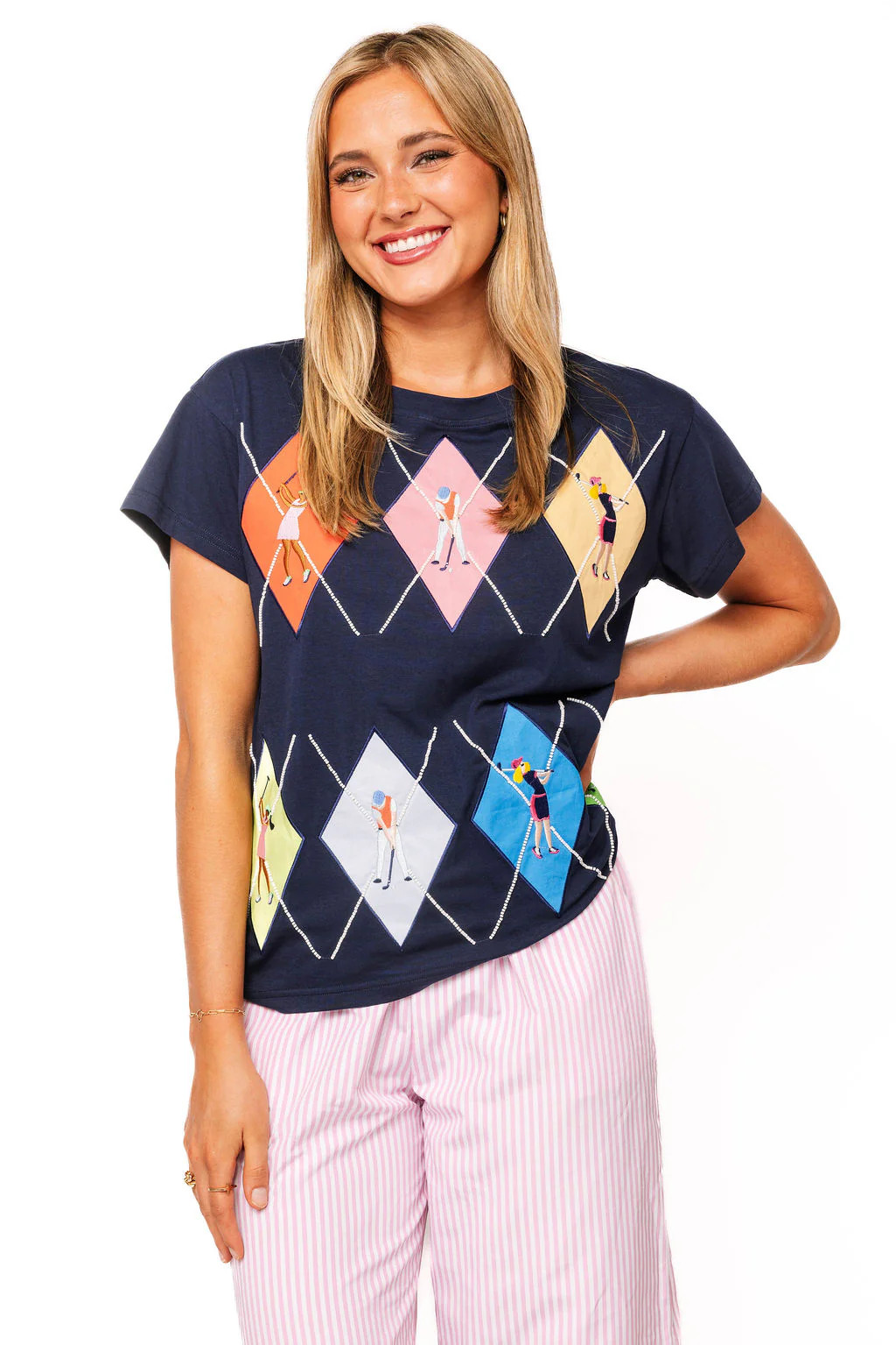 Navy Multi Argyle Golfer Tee | Queen of Sparkles