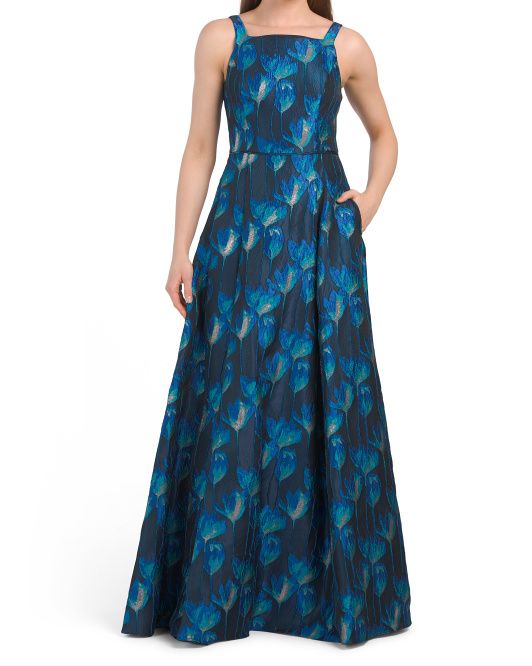 Square Neck Floral Jacquard Gown With Full Skirt | TJ Maxx