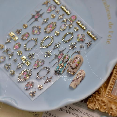 Gold Frame Nail Stickers Vintage Frame Conch Nail Designs Flower 5D Embossed Golden Rose 3D Self-... | Amazon (US)