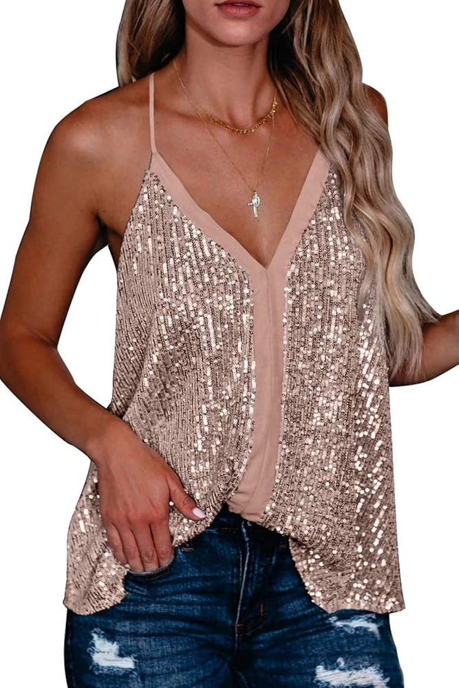 Acelitt Women V Neck Racerback Spaghetti Strap Sequin Tank Tops Camisole | Amazon (US)