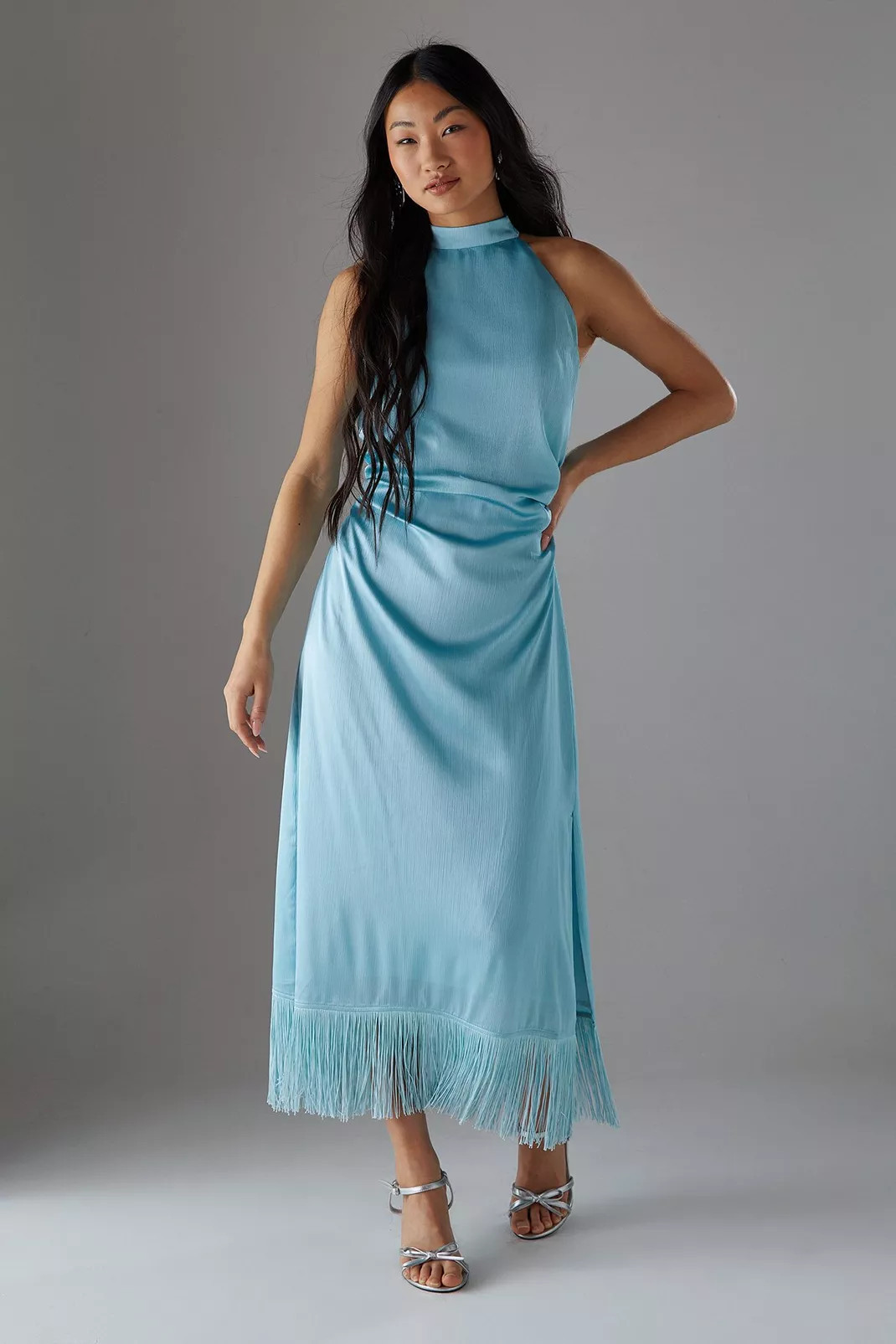 Petite Crinkle Satin Halter Fringe Midi Dress | Nasty Gal US