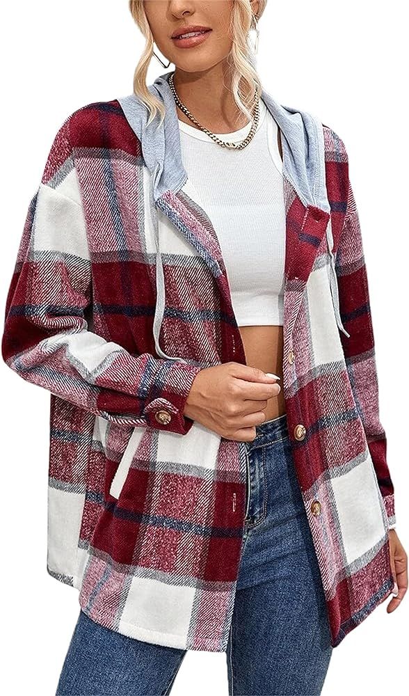 Tanming Womens Brushed Flannel Plaid Lapel Button Short Pocketed Shacket Shirts Coats | Amazon (US)