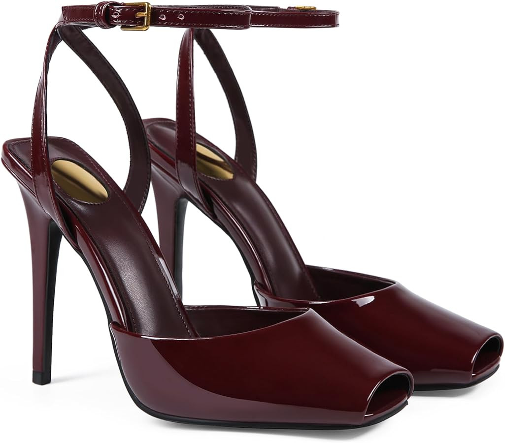 Square Open Toe Heeled Sandals for Women Patent Leather Stiletto High Heels Peep Toe Ankle Strap ... | Amazon (US)