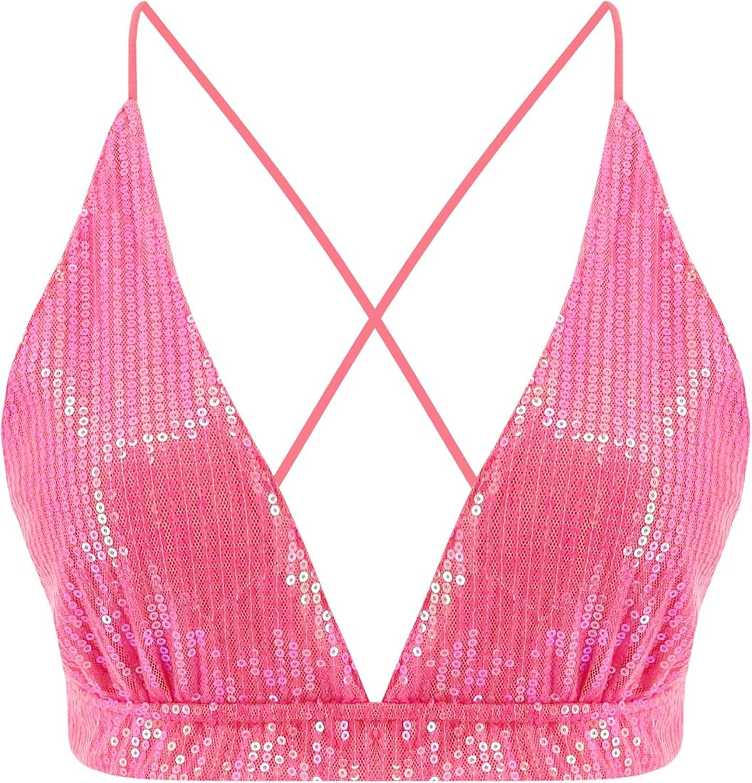 Vimoisa Women Reflective Metallic Tank Top Bustier Spaghetti Strap Crop Top Tight Sleeveless Tube To | Amazon (US)