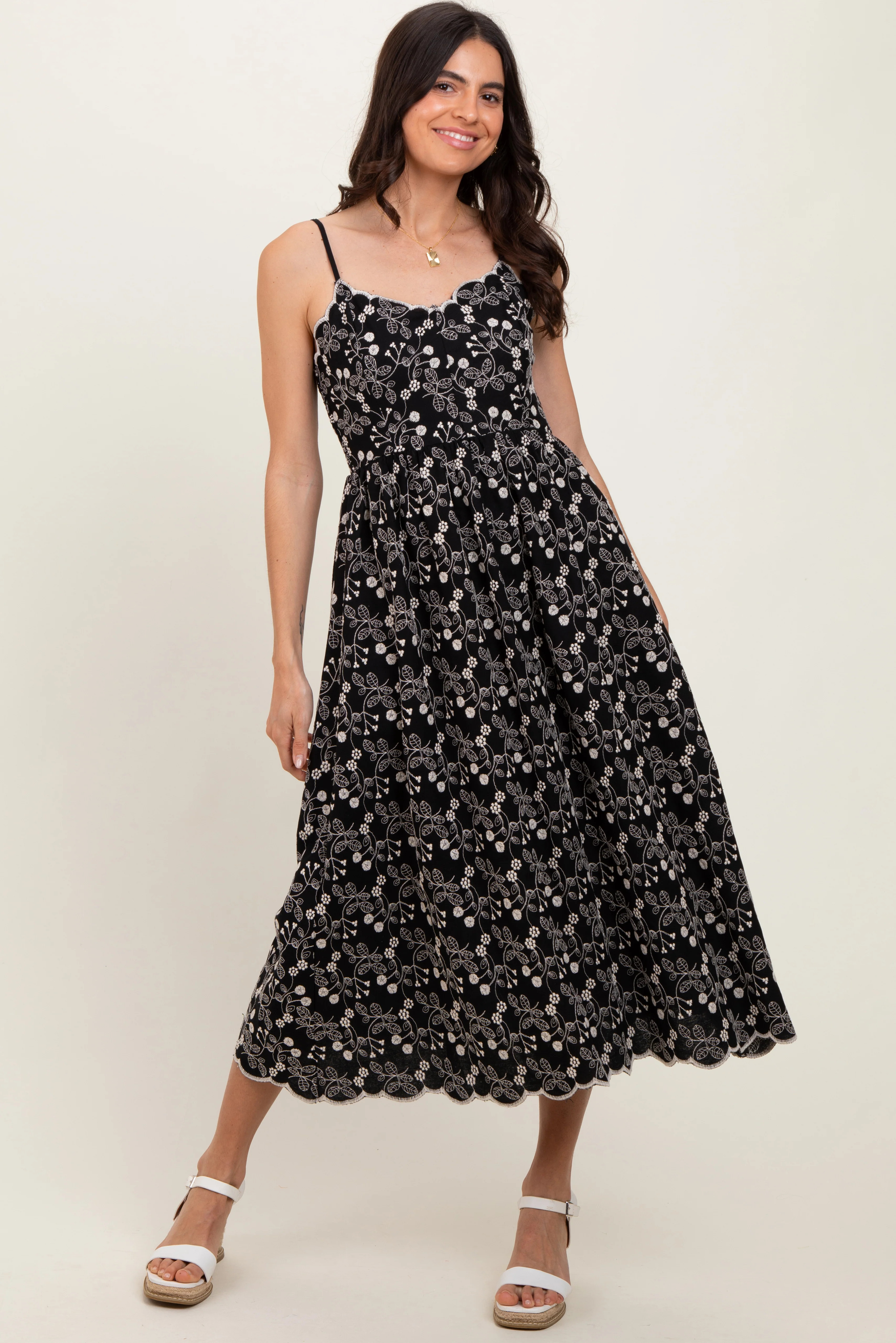 Black Floral Embroidered Scallop Detail Midi Dress | PinkBlush Maternity