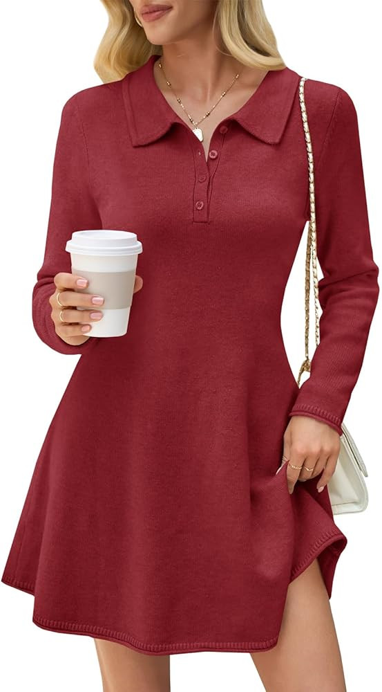 Saodimallsu Womens Sweater Dress 2025 Fall Polo Collared Long Sleeve Button V Neck A line Preppy ... | Amazon (US)